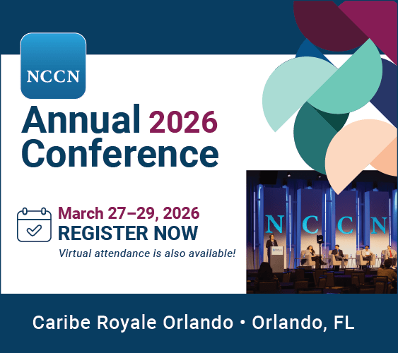 NCCN Annual Conference 2026, March 27–29 in Orlando, FL. Register now; virtual attendance available. Includes a photo of a panel discussion on stage.