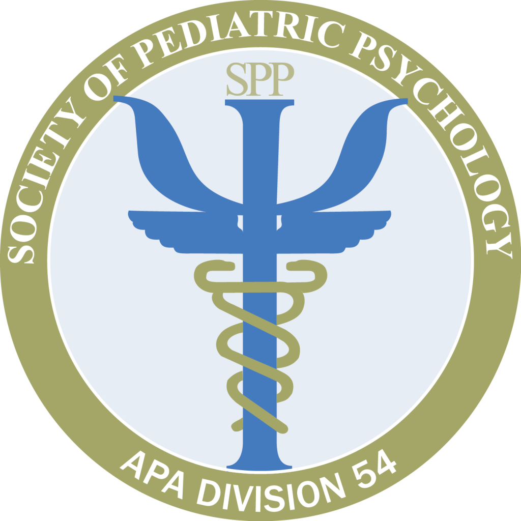 Logo of the Society of Pediatric Psychology, APA Division 54, featuring a green and white circular border with the organizations name and a central blue psi symbol entwined with a green serpent.