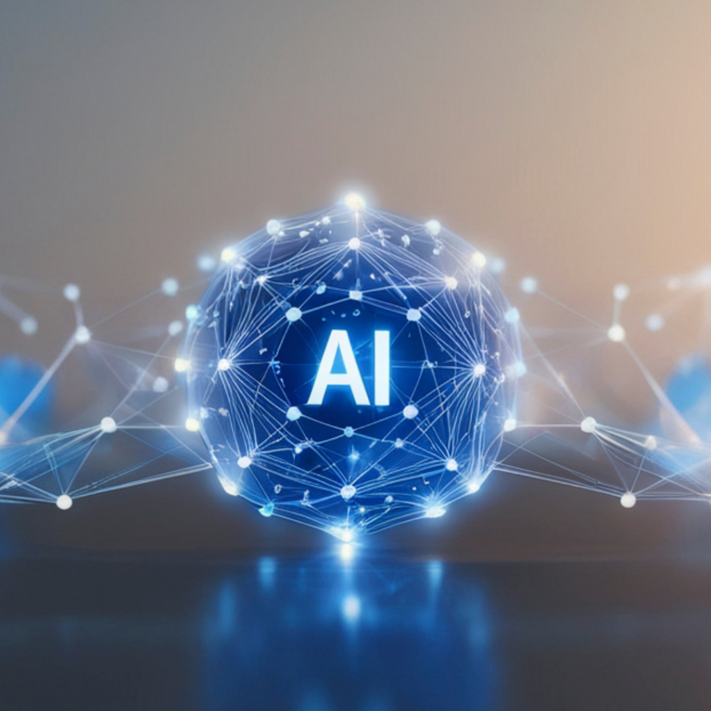 A glowing sphere with the letters AI in the center, surrounded by interconnected nodes and lines, symbolizing artificial intelligence and digital networks on a blurred, neutral background.