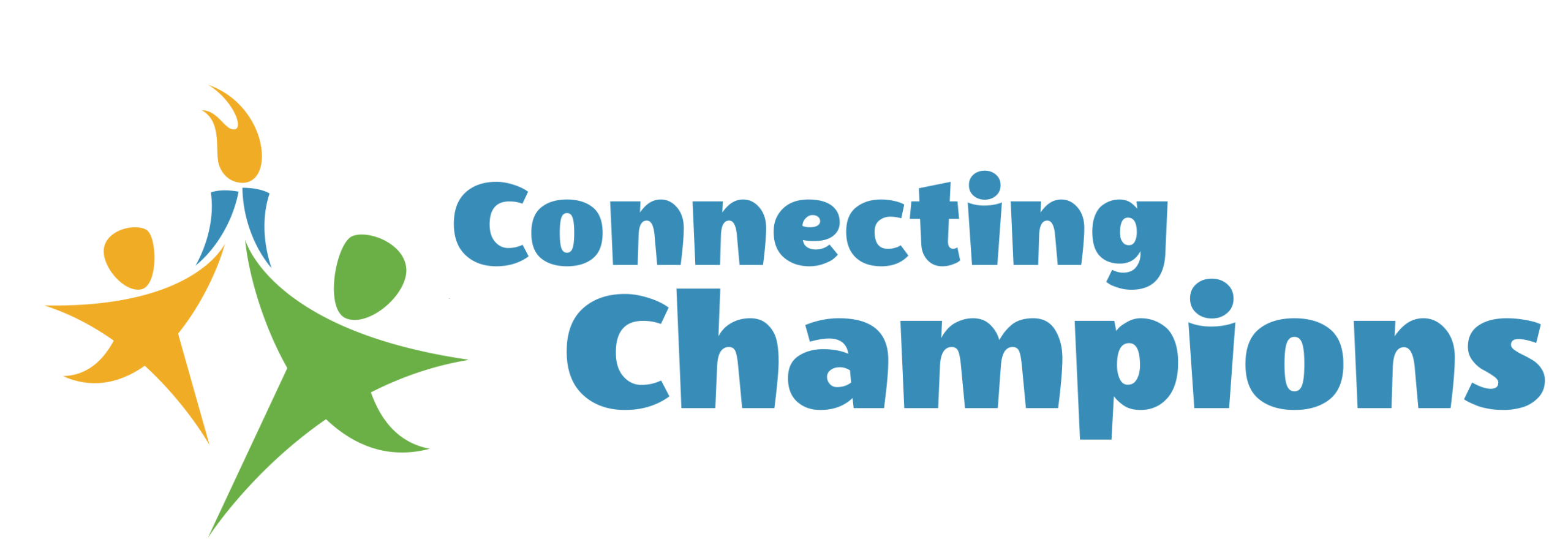 Logo with two abstract human figures, one orange and one green, holding up a blue torch together. The words “Connecting Champions” are written in large blue letters to the right of the figures.