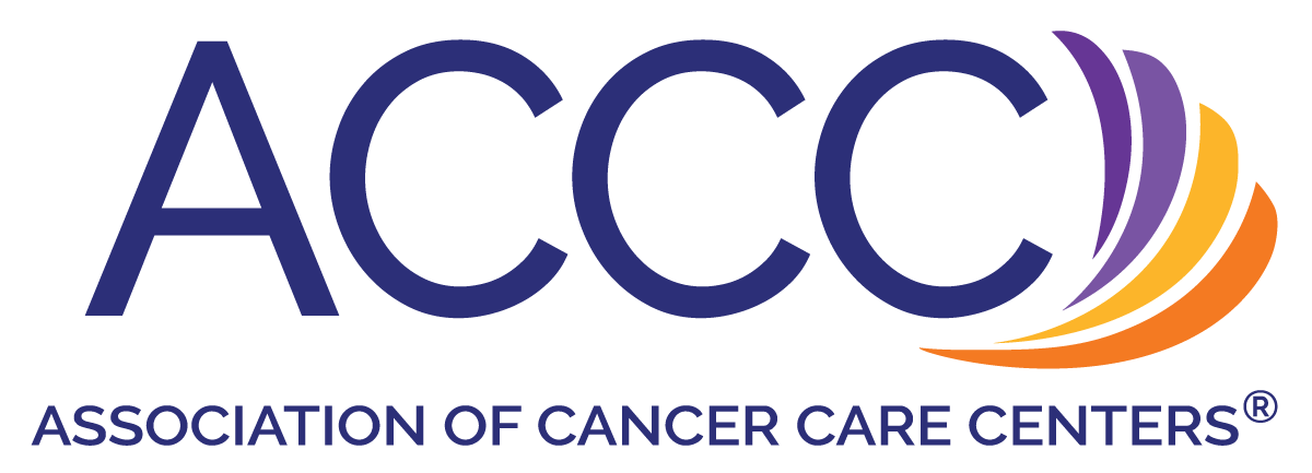 Logo for the Association of Cancer Care Centers (ACCC), with large blue “ACCC” text and a design of purple and orange curved lines on the right. The full organization name is written underneath in blue.