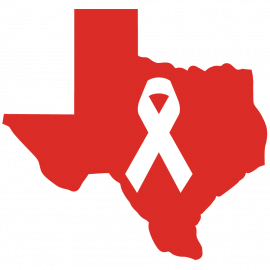 A red silhouette of the state of Texas with a white awareness ribbon centered on it.