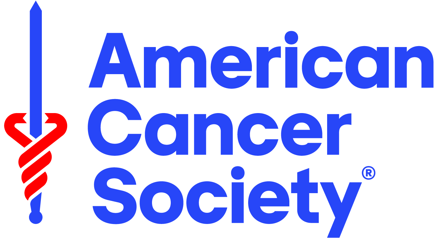 The American Cancer Society logo, featuring a blue sword entwined with a red serpent on the left and the organizations name in bold blue text on the right.