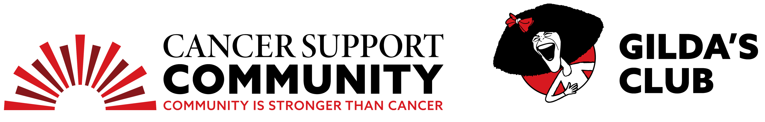 Cancer Support Community and Gilda’s Club logos. The text reads “CANCER SUPPORT COMMUNITY: Community is stronger than cancer.” Gilda’s Club logo features a laughing woman with a red bow inside a red circle.