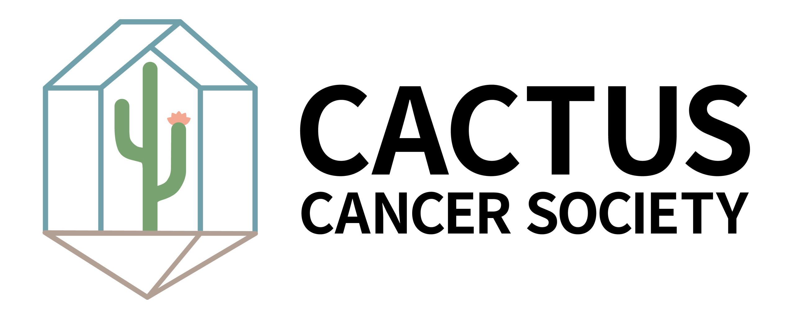 Logo of the Cactus Cancer Society featuring a green cactus with a pink flower inside a geometric, house-like outline, next to the bold black text CACTUS CANCER SOCIETY on a light background.